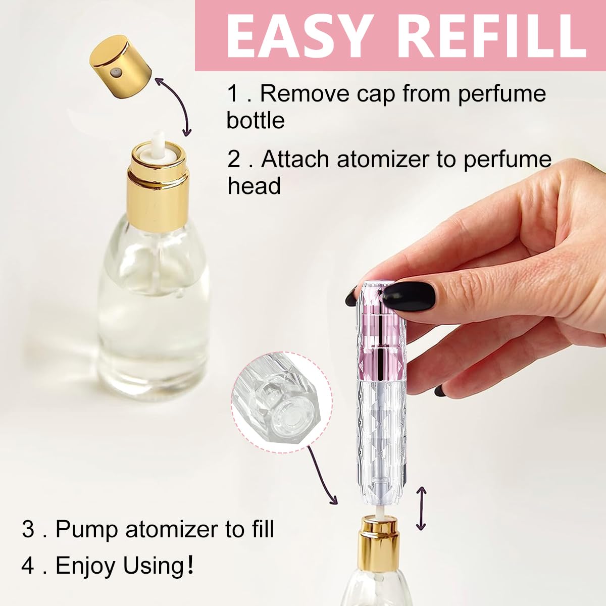MAYCREATE 3pcs Mini Perfume Refill Bottle, 5ml Travel Refillable Perfume Bottle Atomizer, Stylish Acrylic Perfume Spray Bottle Self Pumping Dispenser for Women Men Gift MAYCREATE 3pcs Mini Perfume Refill Bottle, 5ml Travel Refillable Perfume Bottle Atomizer, Stylish Acrylic Perfume Spray Bottle Self Pumping Dispenser for Women Men Gift
